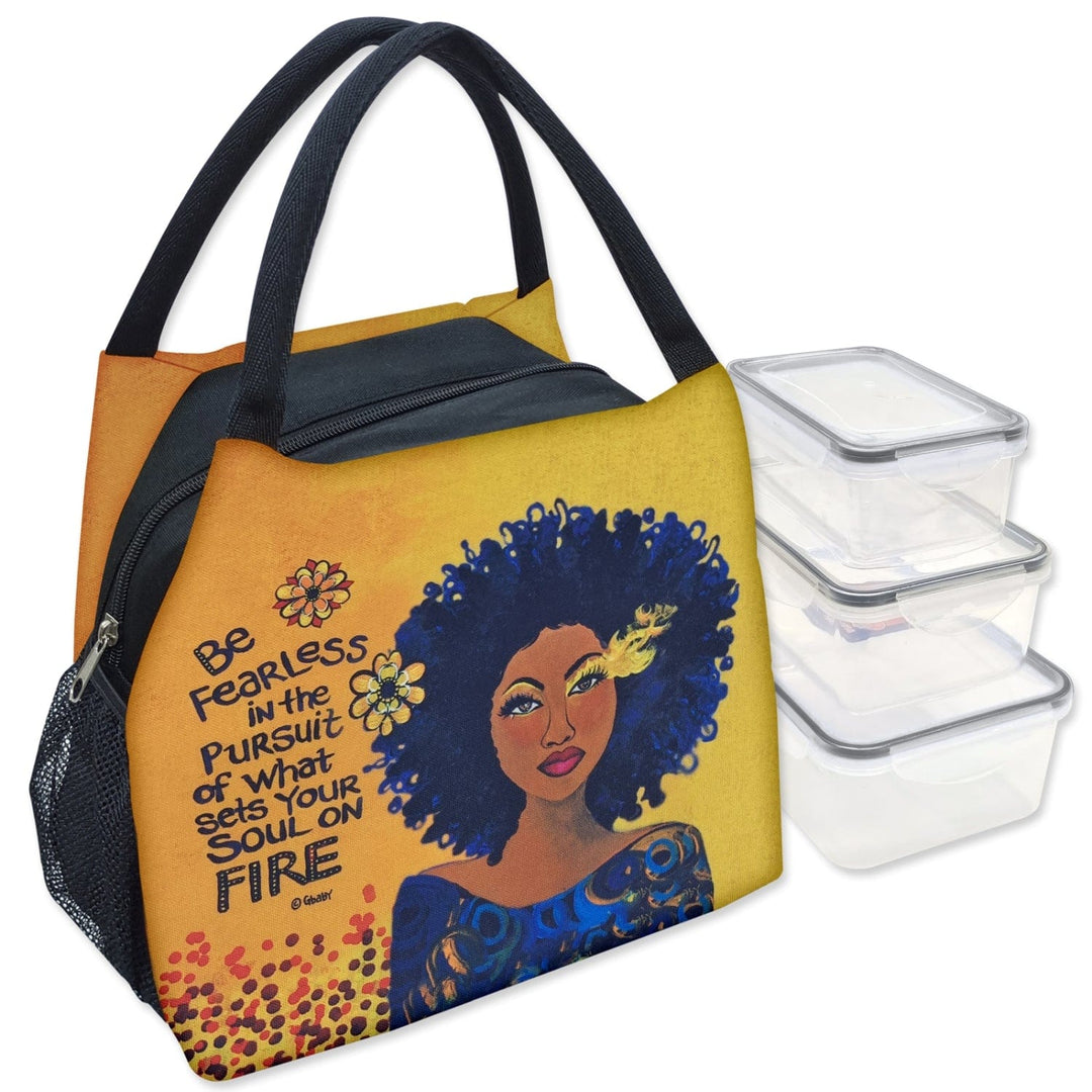 Sylvia "GBaby" Cohen's Soul on Fire lunch bag featuring a Black Woman and motivation sentiments about pursuing your passion. (Main Image)
