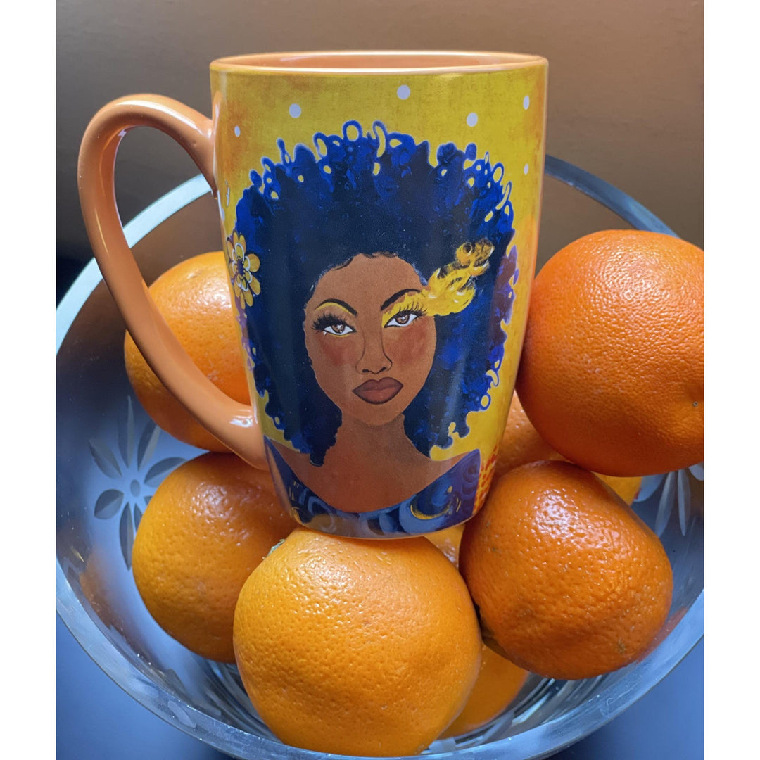 Soul on Fire: African American Ceramic Latte Mug by Sylvia "Gbaby" Cohen (Lifestyle Photo)