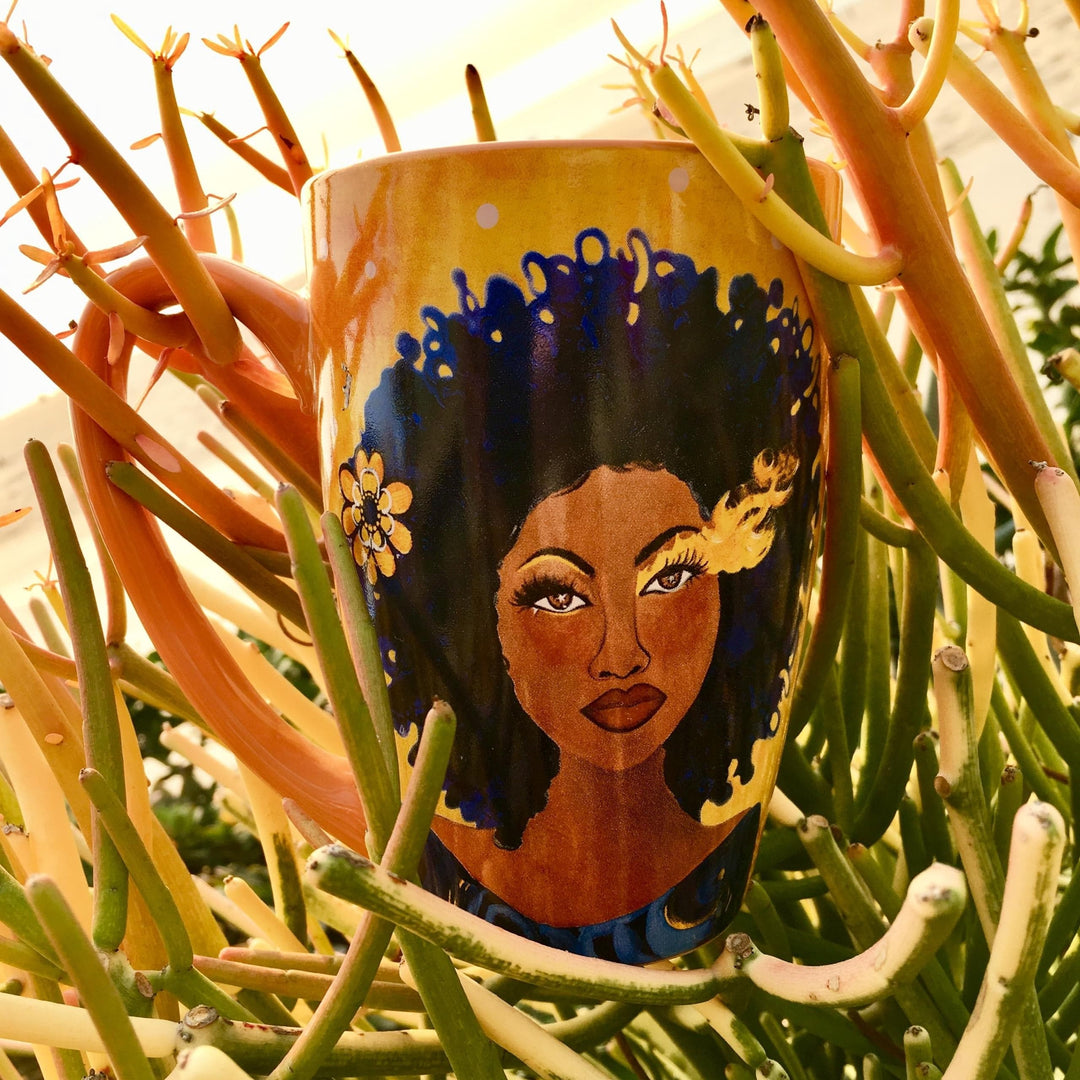 Soul on Fire: African American Ceramic Latte Mug by Sylvia "Gbaby" Cohen (Lifestyle Photo)