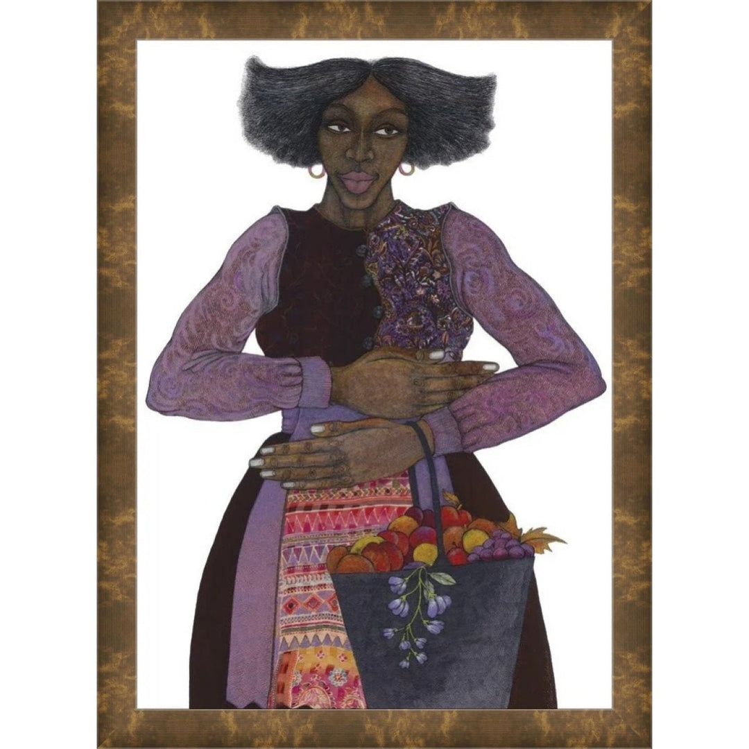 Southern Girl: The Color Purple by Charles Bibbs (Bronze Frame) - Artistic depiction of a person holding a basket of fruits and vegetables, framed in brown.