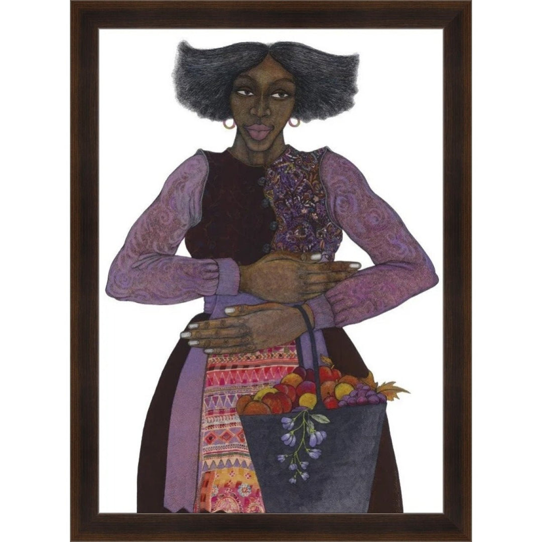 Southern Girl: The Color Purple by Charles Bibbs (Brown Frame) - Framed artwork of a woman holding a basket of fruit with a white background