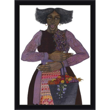 Southern Girl: The Color Purple by Charles Bibbs (Black Frame) - Artistic depiction of a person holding a bag with flowers, wearing a patterned outfit.