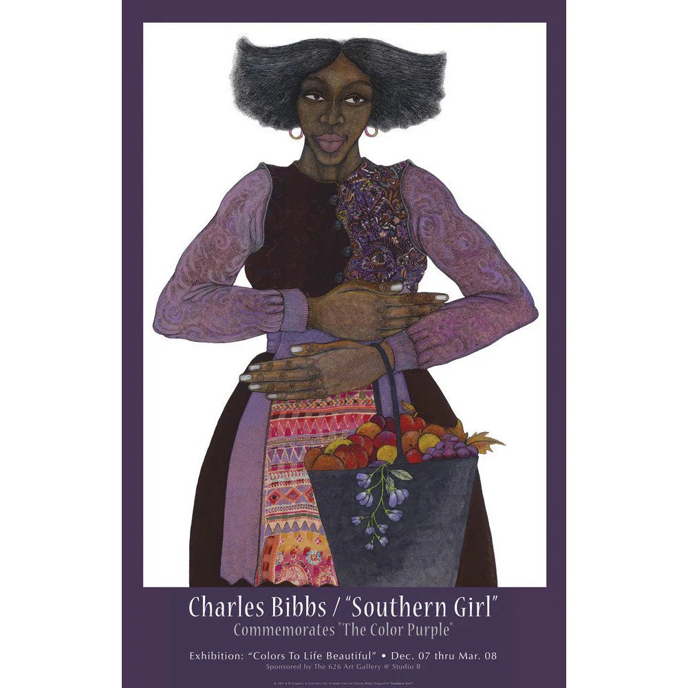 Southern Girl: The Color Purple by Charles Bibbs (Full Poster) - Illustration of a woman holding a basket of fruit by Charles Bibbs, commemorating 'The Color Purple'.