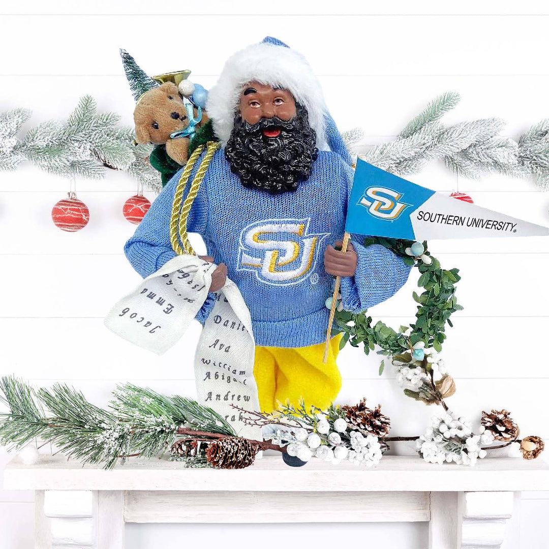 Southern University Jaguars Black Santa figurine on a white holiday mantel