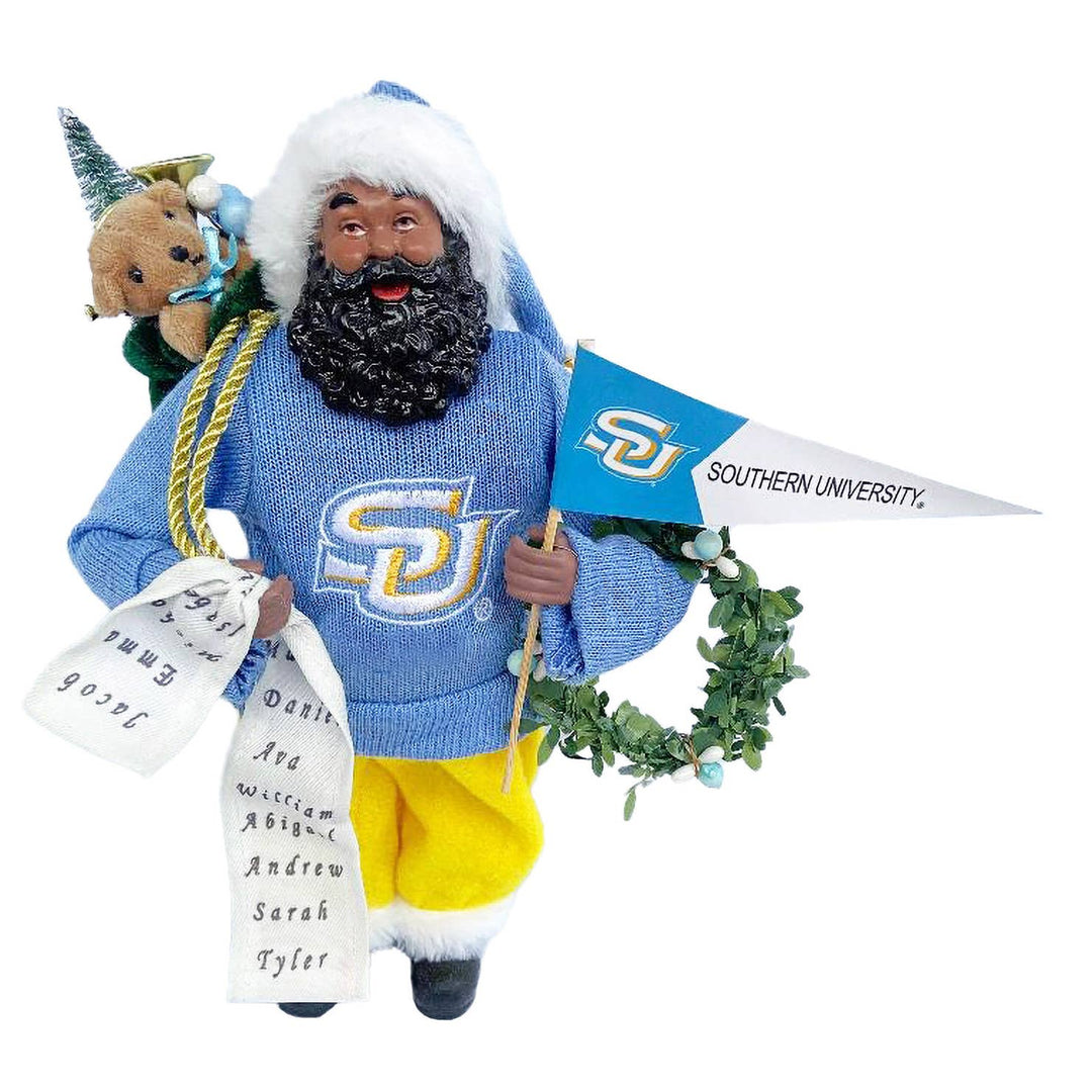 Southern University Proud Santa figurine in light blue SU sweater with pennant