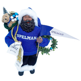 Spelman College Proud Santa figurine in blue SPELMAN sweater holding pennant