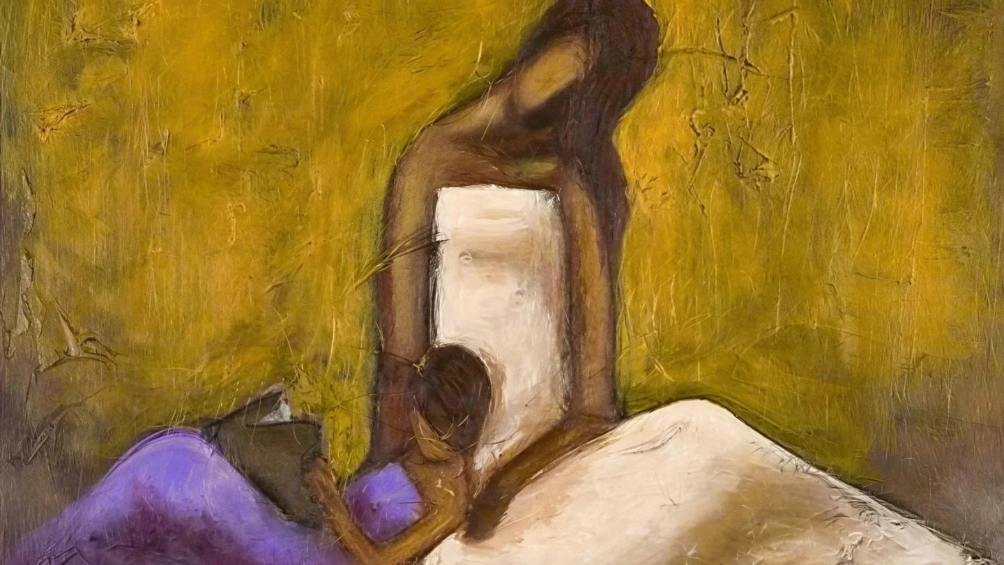 Kerream Jones Art Gallery - Abstract painting with a central figure against a yellow background