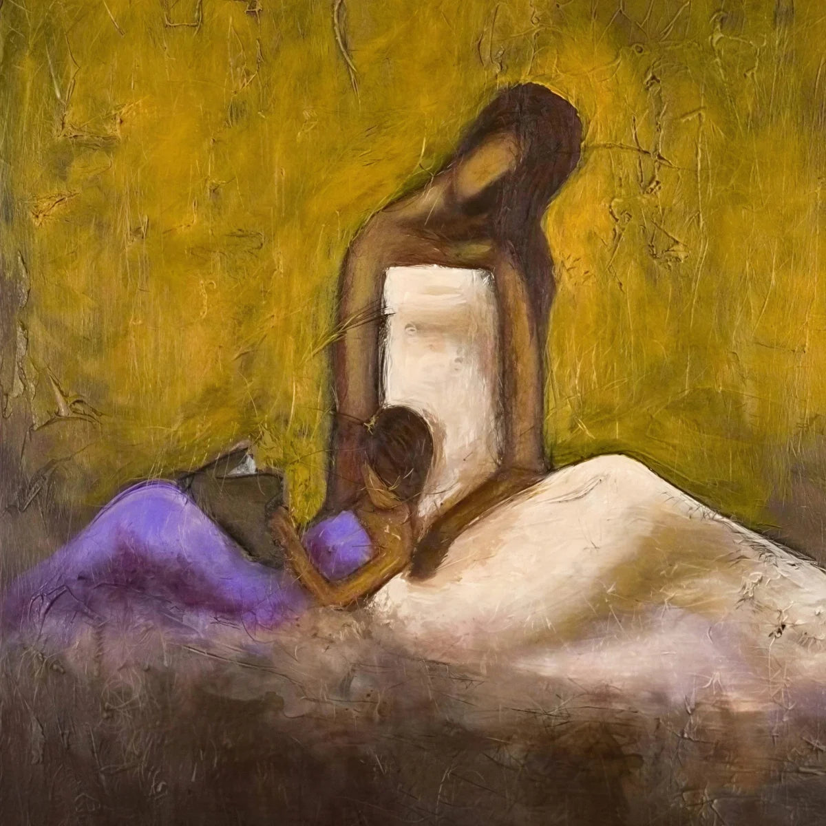 Kerream Jones Art Gallery - Abstract painting of a figure holding a book against a yellow background