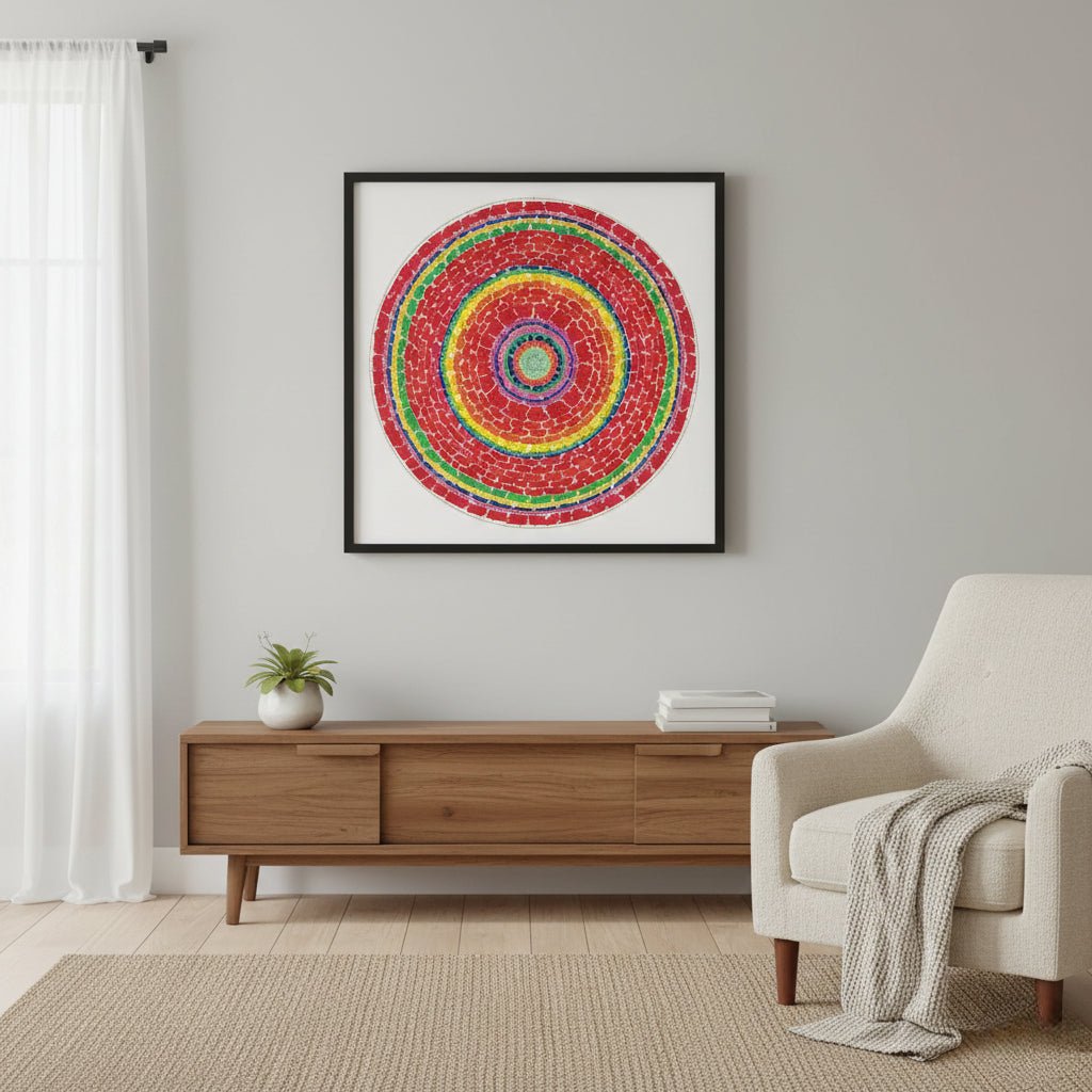 Springtime by Alma Thomas: Circular African American Jigsaw Puzzle (Framed Lifestyle) - Colorful circular artwork on a wall above a wooden console table in a living room.