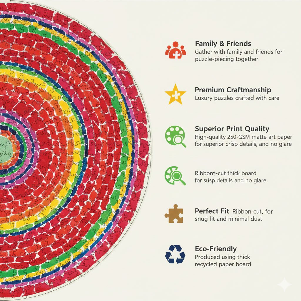 Springtime by Alma Thomas: Circular African American Jigsaw Puzzle (Infographic) - Colorful circular puzzle with text describing features on a beige background