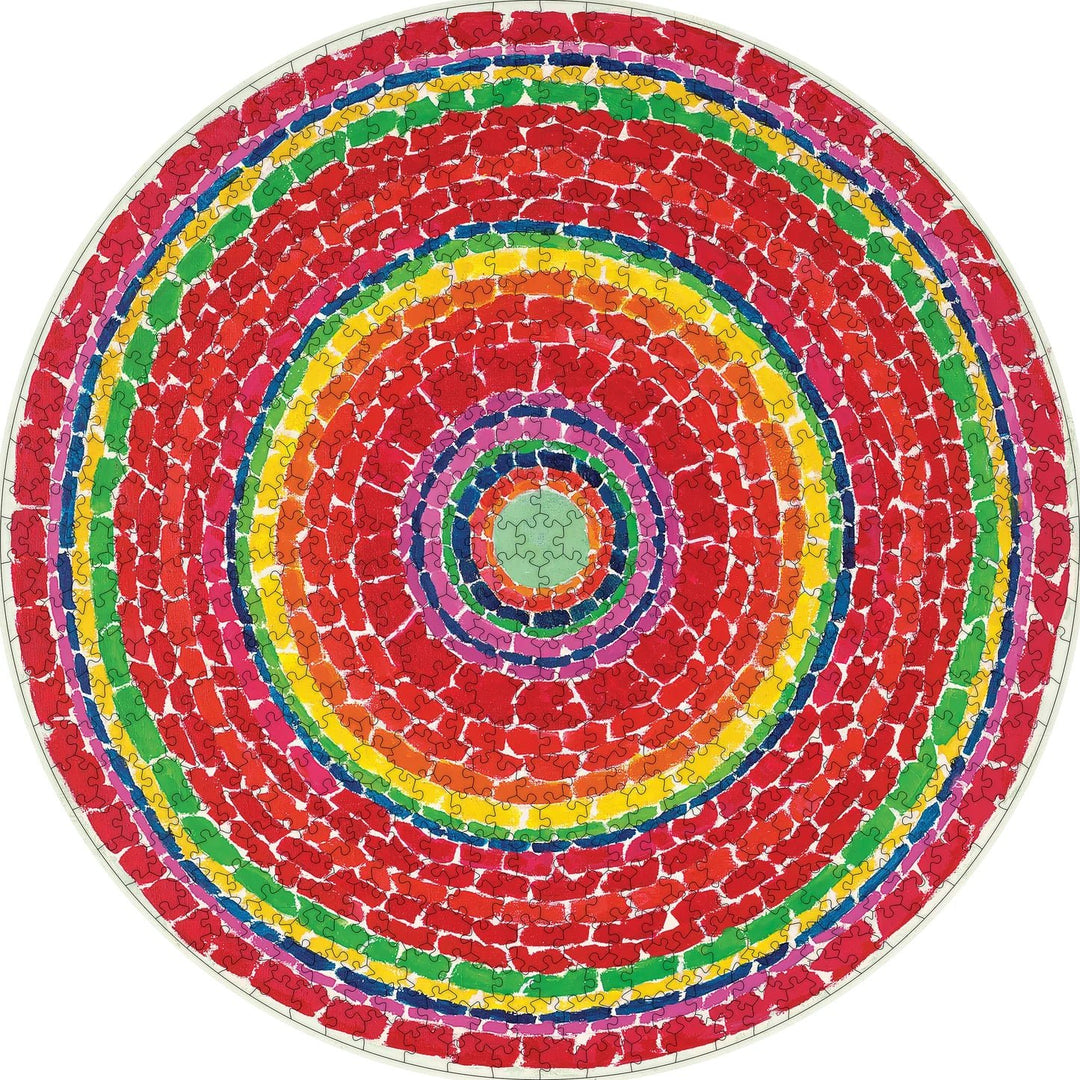 Springtime by Alma Thomas: Circular African American Jigsaw Puzzle (Mock Up) - Round mosaic rug with concentric colorful circles on a white background