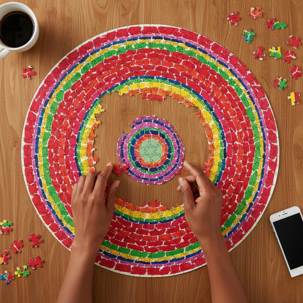 Springtime by Alma Thomas: Circular African American Jigsaw Puzzle (Puzzling Lifestyle) - Colorful circular puzzle with a rainbow design on a wooden table, hands working on it.