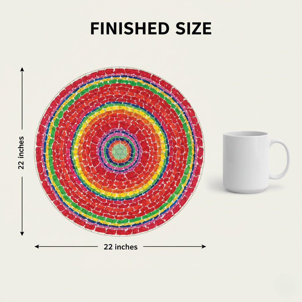 Springtime by Alma Thomas: Circular African American Jigsaw Puzzle (Sizing Guide) - Colorful circular mosaic coaster with a mug for scale on a white background