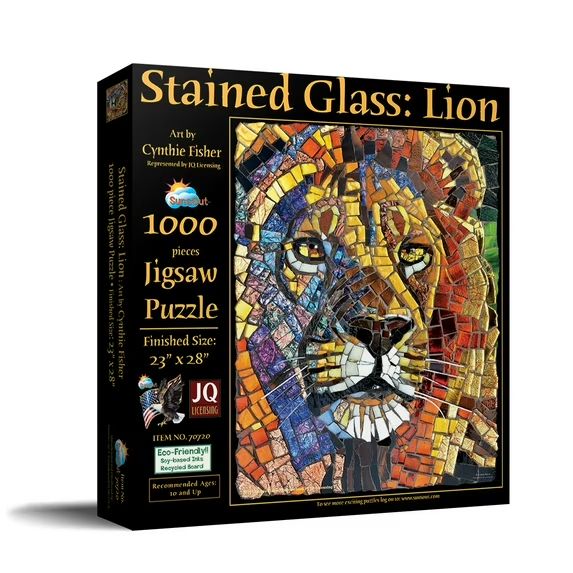 Animals of Africa: Stained Glass Lion Jigsaw Puzzle by Cynthie Fisher (Box Full) - Stained Glass Lion puzzle box with colorful lion design on a white background