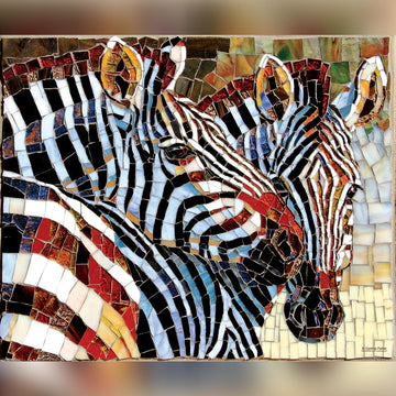 Animals of Africa: Stained Glass Zebra Jigsaw Puzzle by Cynthie Fisher (Artwork) - Mosaic artwork of two zebras with a multicolored background