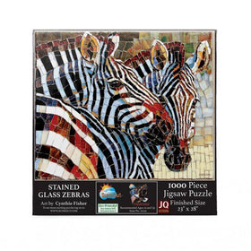 Animals of Africa: Stained Glass Zebra Jigsaw Puzzle by Cynthie Fisher (Box Front) - Jigsaw puzzle box with stained glass zebras design on a white background