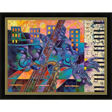 Street Songs by Larry "Poncho" Brown (Black and Gold Frame) - Colorful abstract artwork of a musician playing a saxophone with musical notes and buildings in the background.