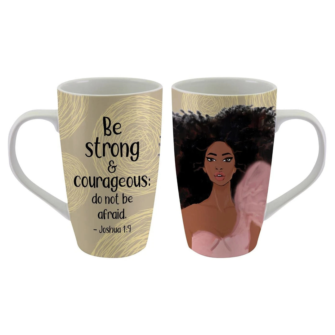 Strong and Courageous Ceramic Latte Mug by Nicholle Kobi (Main) - Two white ceramic mugs shown side by side on a plain white background. The left mug has a beige printed design with black text reading 'Be strong & courageous: do not be afraid.