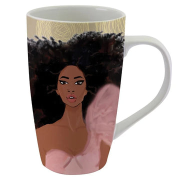 Strong and Courageous Ceramic Latte Mug by Nicholle Kobi (Front) - A white ceramic latte mug featuring a printed illustration of a Black woman with voluminous dark hair, a pink veil, and a gold abstract background design.