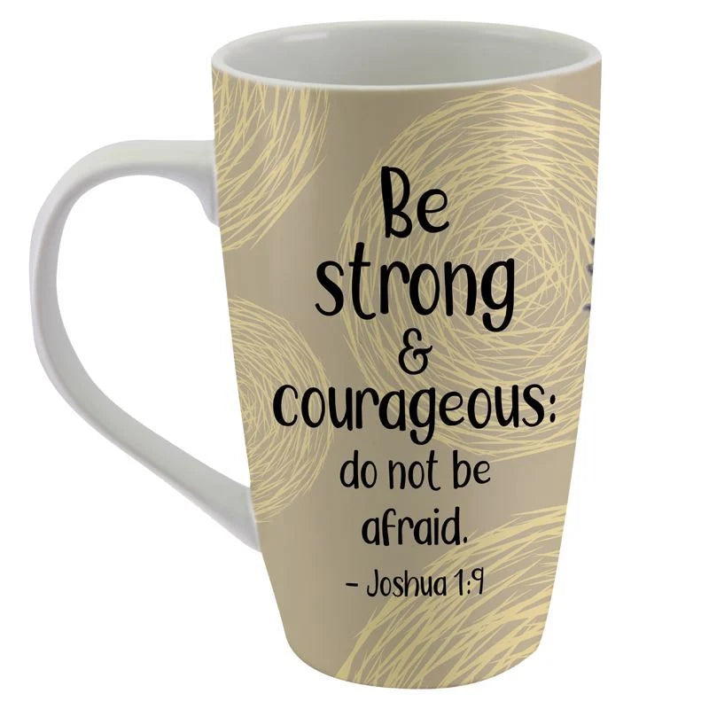 Strong and Courageous Ceramic Latte Mug by Nicholle Kobi (Rear) - A white ceramic mug with a beige printed wrap design featuring gold abstract swirls and the black text 'Be strong & courageous: do not be afraid. - Joshua 1:9'.