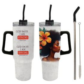 Strong and Special: African American Religious/Faith Tumbler with Handle (Main) - Two views of a handled tumbler with straws on a white background, plus a separate metal cleaning brush. The left tumbler has black handles and a clear lid, with printed text reading 'GOD SAYS I AM STRONG' and 'GOD SAYS I AM SPECIAL.