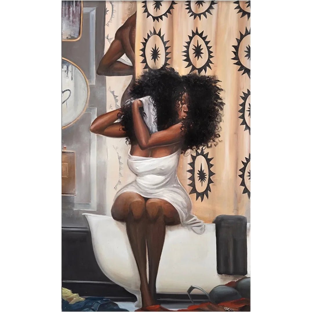 Strong Possibilities by Frank Morrison (Main) - A painting of a Black woman sitting on a white bathtub in a bathroom, wrapped in a white towel, with a patterned beige shower curtain behind her. The artwork has a warm, vintage aesthetic with dark brown skin tones, black hair, and neutral bathroom colors.
