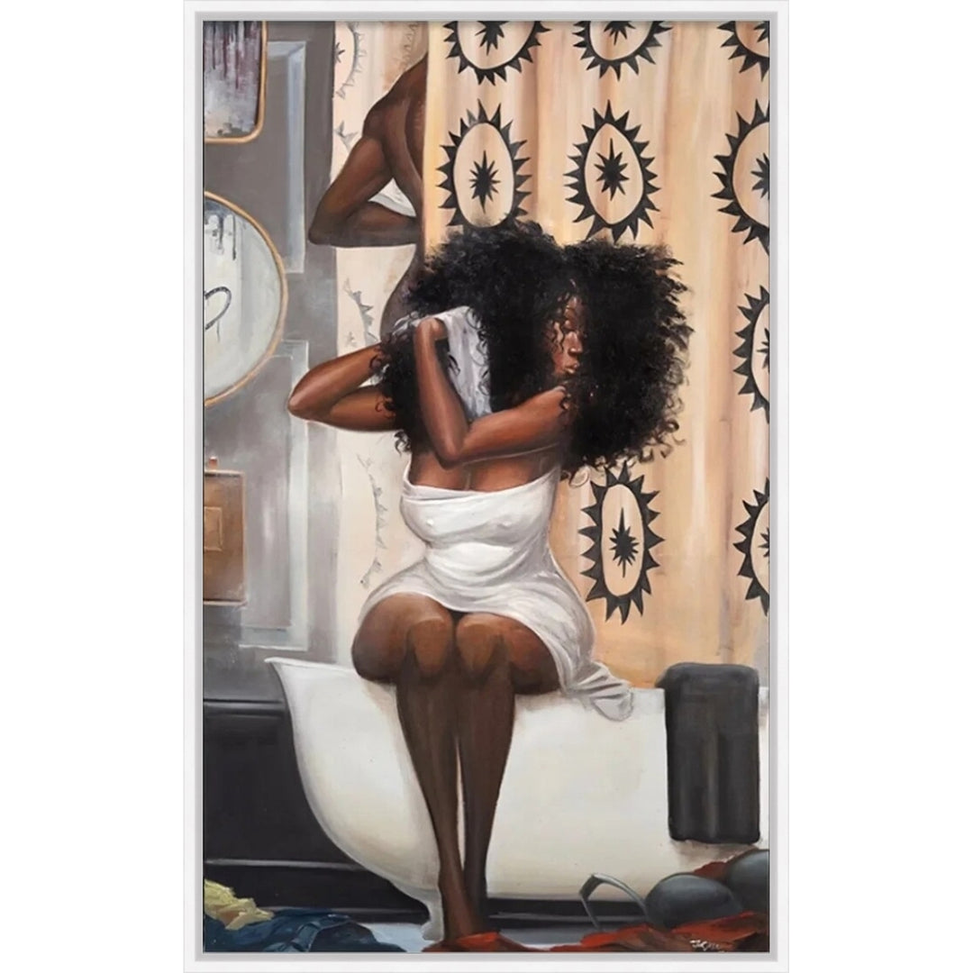 Strong Possibilities by Frank Morrison (White Floater Frame) - A framed art print depicting a Black woman with voluminous curly hair sitting on a white bathtub, wrapped in a white towel, with a beige shower curtain featuring black sunburst patterns in the background.