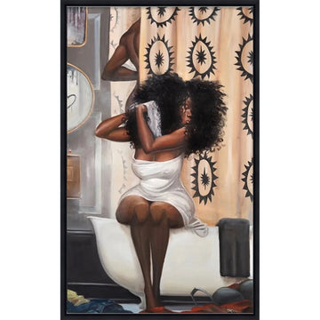 Strong Possibilities by Frank Morrison (Black Frame) - A framed art print depicting a Black woman with voluminous curly hair sitting on a white bathtub, wrapped in a white towel, with a patterned shower curtain behind her.