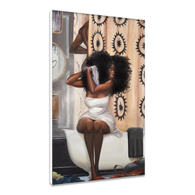 Strong Possibilities by Frank Morrison (Stretched Canvas) - A vertical canvas wall art print depicting a Black woman sitting on a white bathtub in a bathroom, wrapped in a white towel, with a patterned beige shower curtain behind her. The canvas is shown at a three-quarter angle against a plain white background.