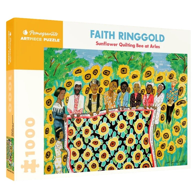 Sunflower Quilting Bee at Arles by Faith Ringgold: African American Jigsaw Puzzle (Main) - Pomegranate ArtPiece Puzzle box featuring a painting by Faith Ringgold with people and sunflowers.