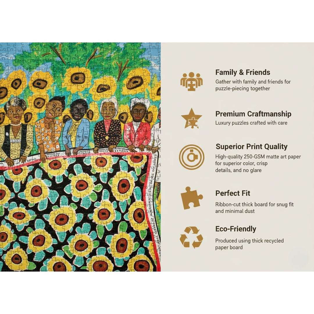 Sunflower Quilting Bee at Arles by Faith Ringgold: African American Jigsaw Puzzle (Infographic) - Jigsaw puzzle packaging with sunflower design and people, featuring eco-friendly and premium craftsmanship details.