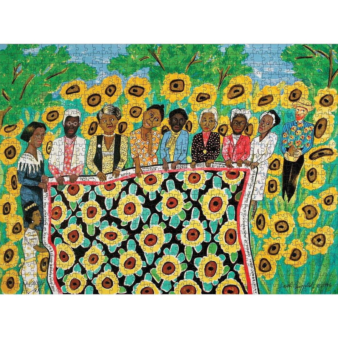 Sunflower Quilting Bee at Arles by Faith Ringgold: African American Jigsaw Puzzle (Puzzle Mock Up) - Artistic depiction of a group of people with sunflower patterns
