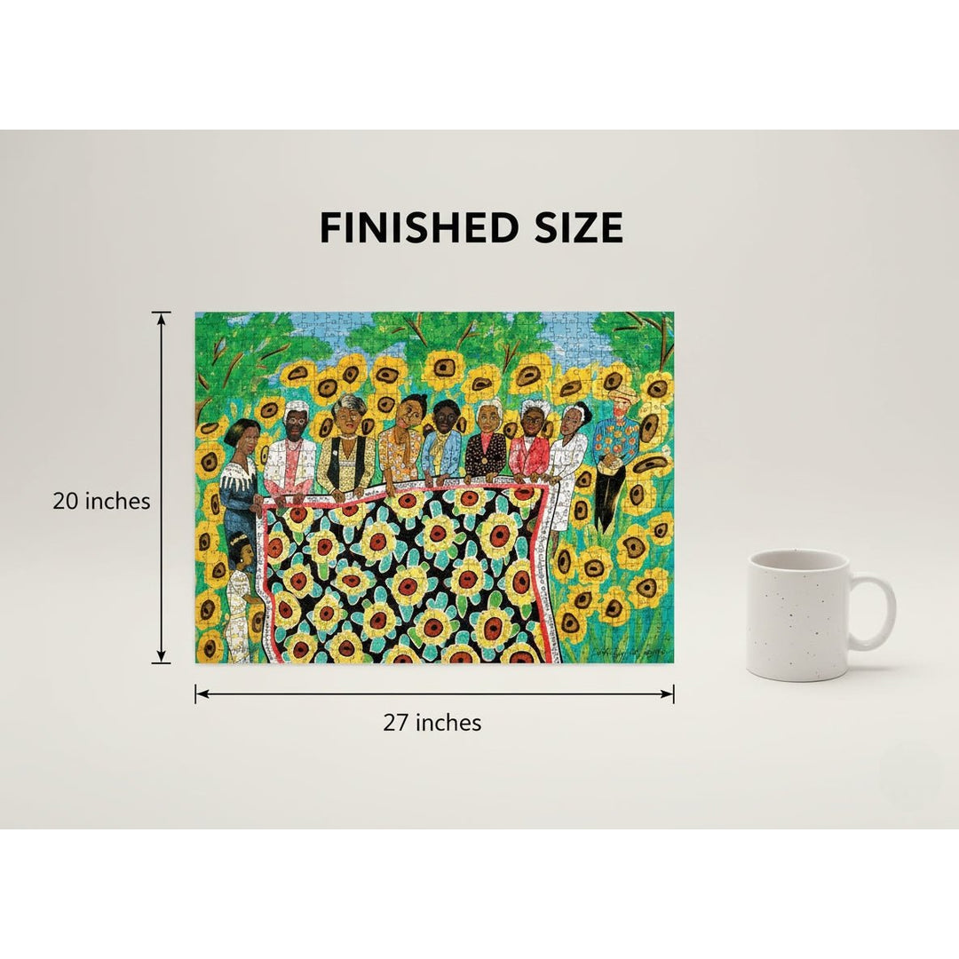Sunflower Quilting Bee at Arles by Faith Ringgold: African American Jigsaw Puzzle (Sizing Guide) - Artistic depiction of a group of people with sunflowers, shown with measurements and a mug for scale.