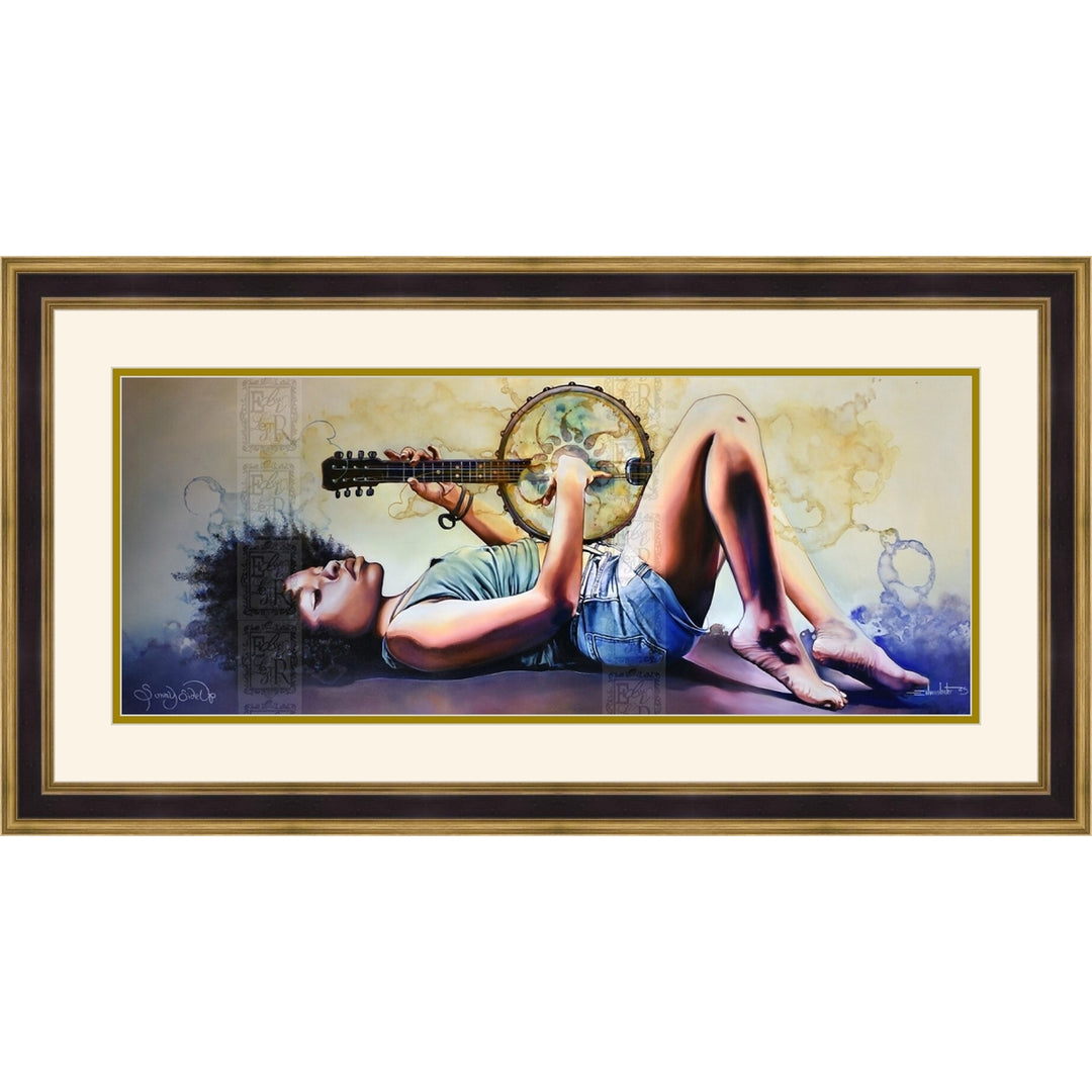 Sunny Side Up by Edwin Lester (Paper, Double Matted, Brown and Gold Frame) - A framed horizontal art print featuring a colorful painting of a woman lying down and playing a guitar, with a circular motif in the background. The artwork is presented in a white mat and a double-trimmed frame with black and gold borders.