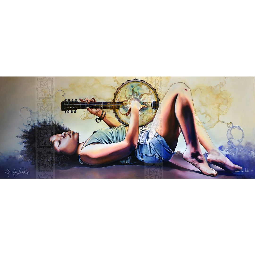 Sunny Side Up by Edwin Lester (Paper, Unframed) - A horizontal painting of a woman lying on her back while playing a banjo and guitar, rendered in warm beige, brown, blue, and purple tones with a white border around the artwork.