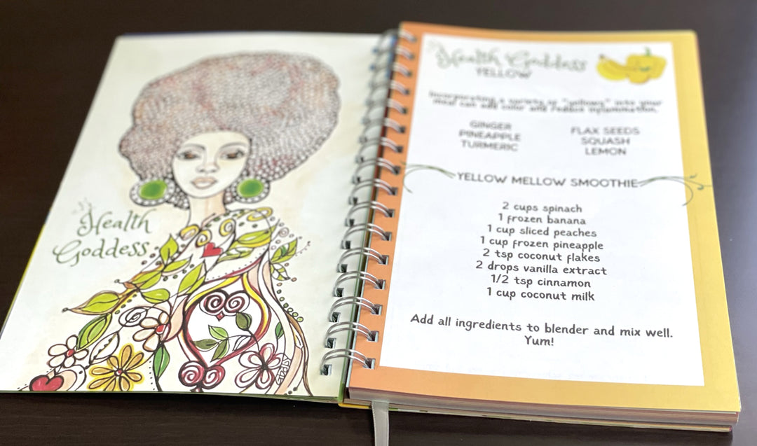 I Am Radiant by Syliva "Gbaby" Cohen: 2026 African American Weekly Inspirational Planner (Recipe) - Open book with illustrations and text on a dark surface