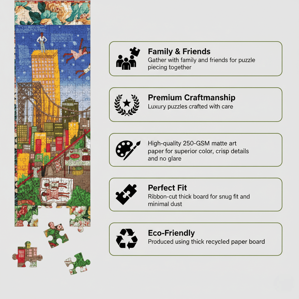 Tar Beach 2 by Faith Ringgold: African American Art Puzzle (Infographic) - Jigsaw puzzle with features listed on a white background