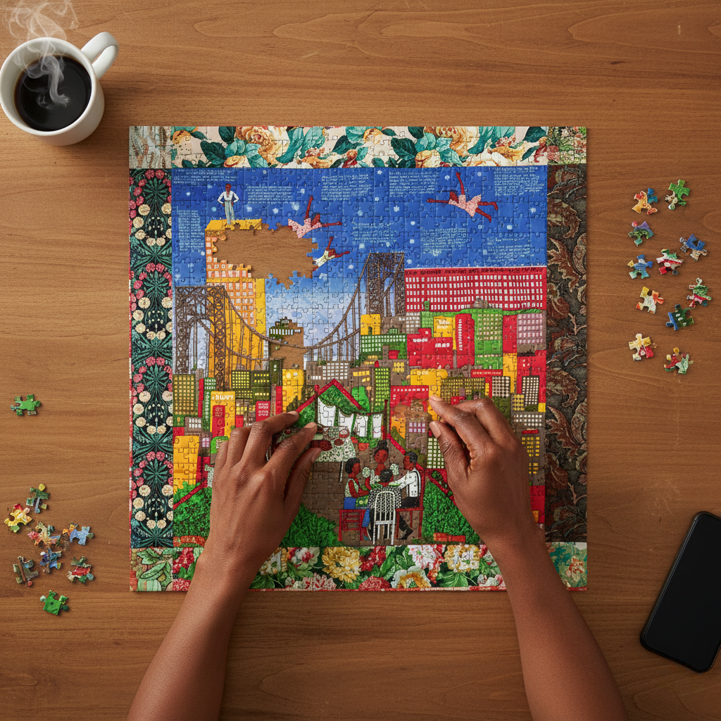 Tar Beach 2 by Faith Ringgold: African American Art Puzzle (Puzzle Assembly Mock Up) - Person assembling a colorful puzzle on a wooden table with a cup of coffee and phone.