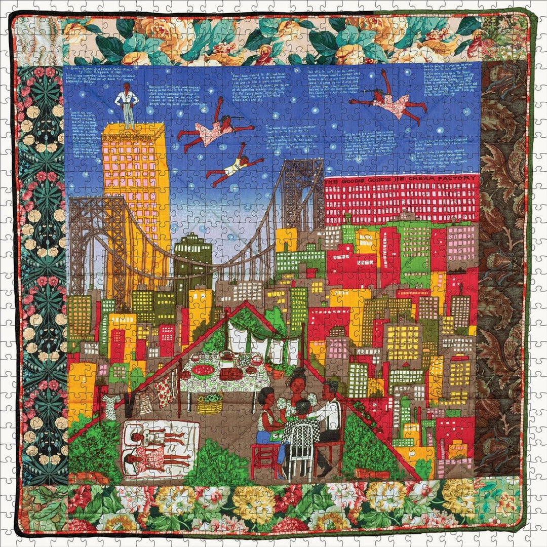 Tar Beach 2 by Faith Ringgold: African American Art Puzzle (Puzzle Mock Up) - Colorful quilt with a cityscape design featuring people and buildings.