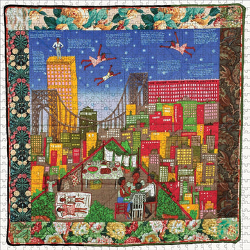 Tar Beach 2 by Faith Ringgold: African American Art Puzzle (Puzzle Mock Up) - Colorful quilt with a cityscape design featuring people and buildings.