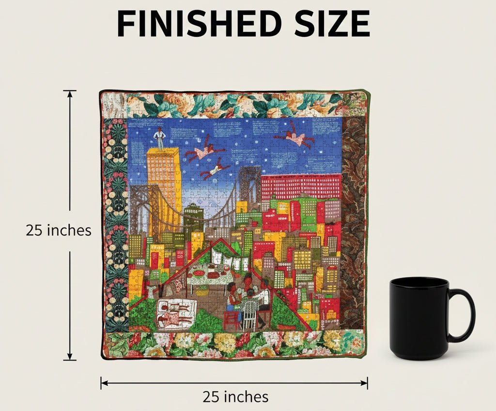 Tar Beach 2 by Faith Ringgold: African American Art Puzzle (Sizing Guide) - Quilt with a cityscape design next to a black mug, showing the finished size of 25x25 inches.