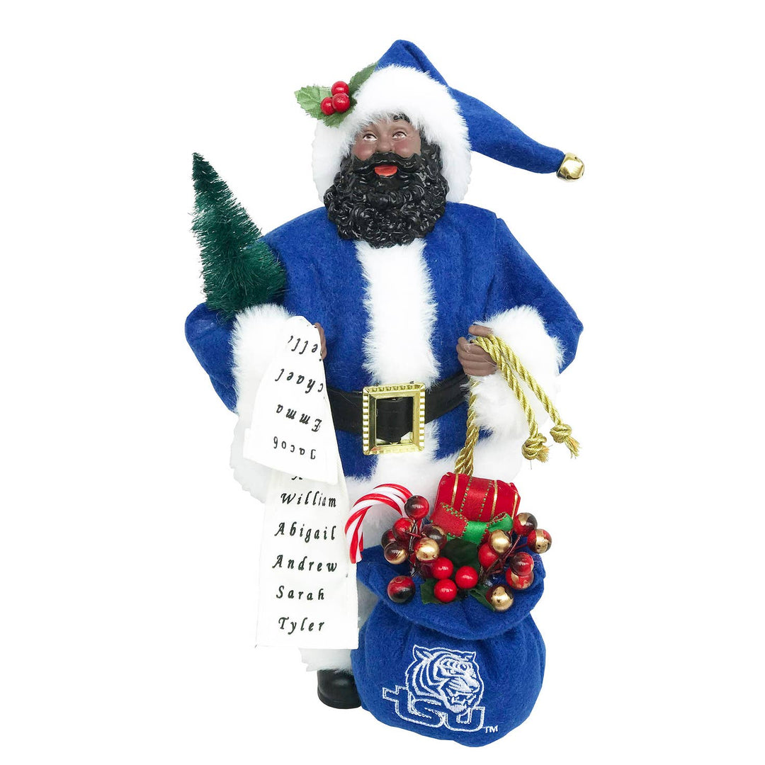 Tennessee State Tigers College Santa figurine in blue coat with TSU logo sack