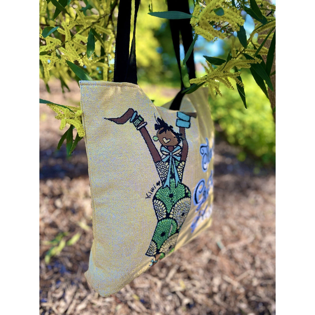 Thankful, Grateful and Blessed: African American Woven Tote Bag by Kiwi McDowell (Lifestyle 4)
