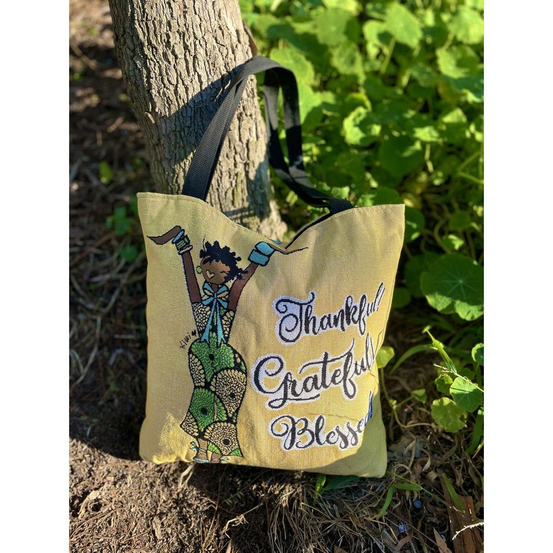 Thankful, Grateful and Blessed: African American Woven Tote Bag by Kiwi McDowell (Lifestyle 5)