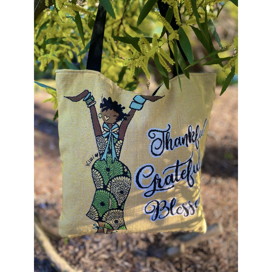 Thankful, Grateful and Blessed: African American Woven Tote Bag by Kiwi McDowell (Lifestyle)