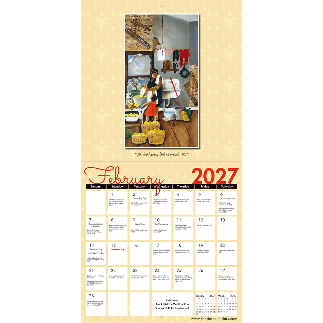 The Art of Annie Lee 2027 Collectible Wall Calendar (Interior, February) - A vertical February 2027 calendar page with a beige patterned border, a central illustrated scene, and a grid of dates with small text boxes. The title 'February 2027' appears in red script and numerals.