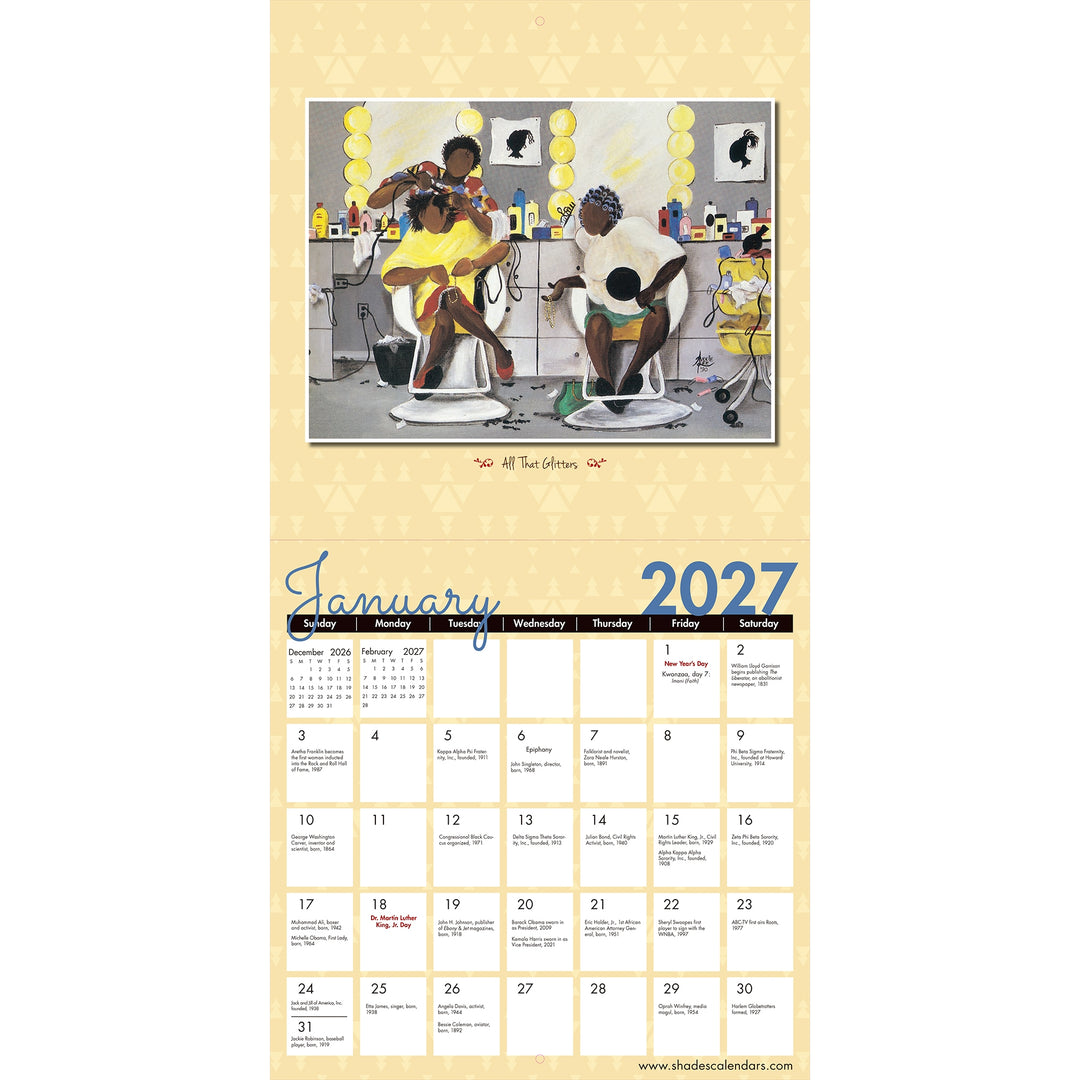 The Art of Annie Lee 2027 Collectible Wall Calendar (Interior, January) - A January 2027 wall calendar page with a beige patterned background, a central illustrated scene of two people in a salon, and a monthly calendar grid below.