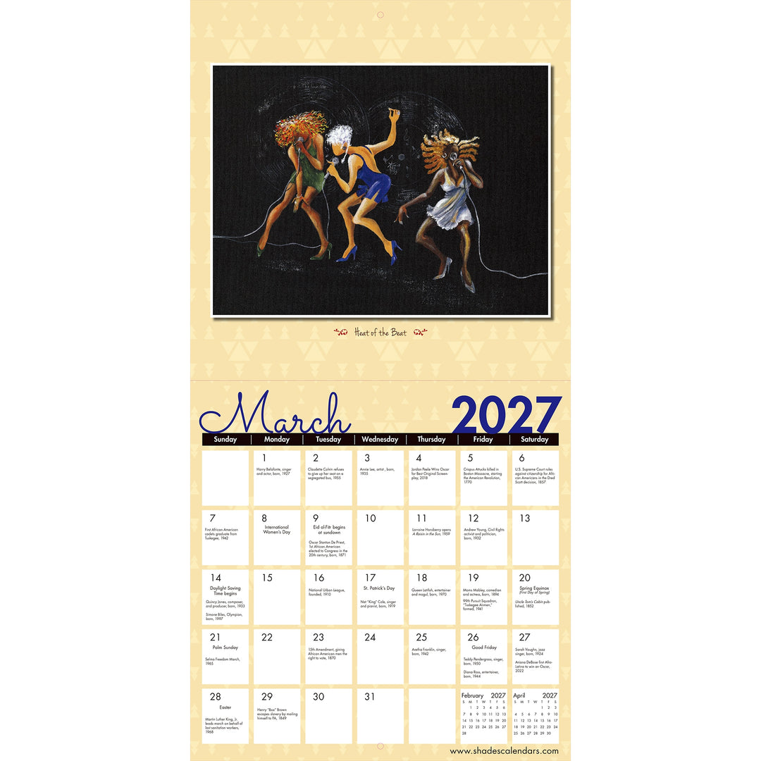 The Art of Annie Lee 2027 Collectible Wall Calendar (Interior, March) - A vertical wall calendar page for March 2027 with a decorative black-and-cream illustration of three dancing figures at the top and a monthly calendar grid below.