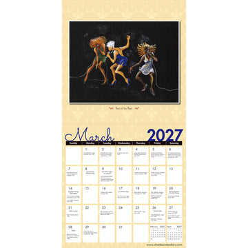 The Art of Annie Lee 2027 Collectible Wall Calendar (Interior, March) - A vertical wall calendar page for March 2027 with a decorative black-and-cream illustration of three dancing figures at the top and a monthly calendar grid below.