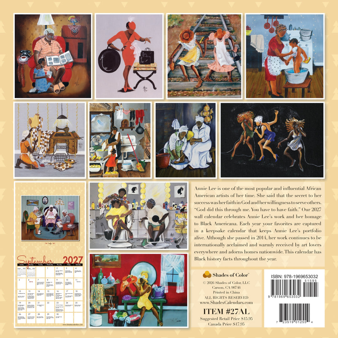 The Art of Annie Lee 2027 Collectible Wall Calendar (Rear) - Back cover of the 'Shades of Color' 2022 American History Calendar, featuring a collage of eight historical paintings, a September 2022 calendar page, author Annie Lee's biography, and a barcode.
